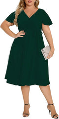 Agmibrelr Plus Size Flutter Sleeve V-Neck A-Line Midi Dress