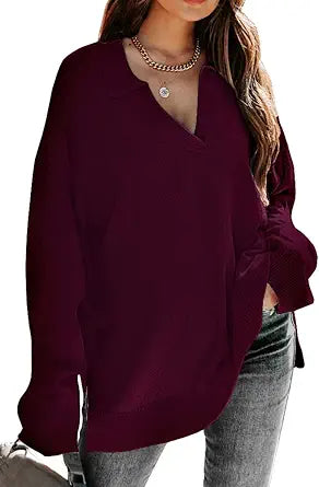 LILLUSORY Women's V Neck Collared Oversized Knit Pullover Sweater
