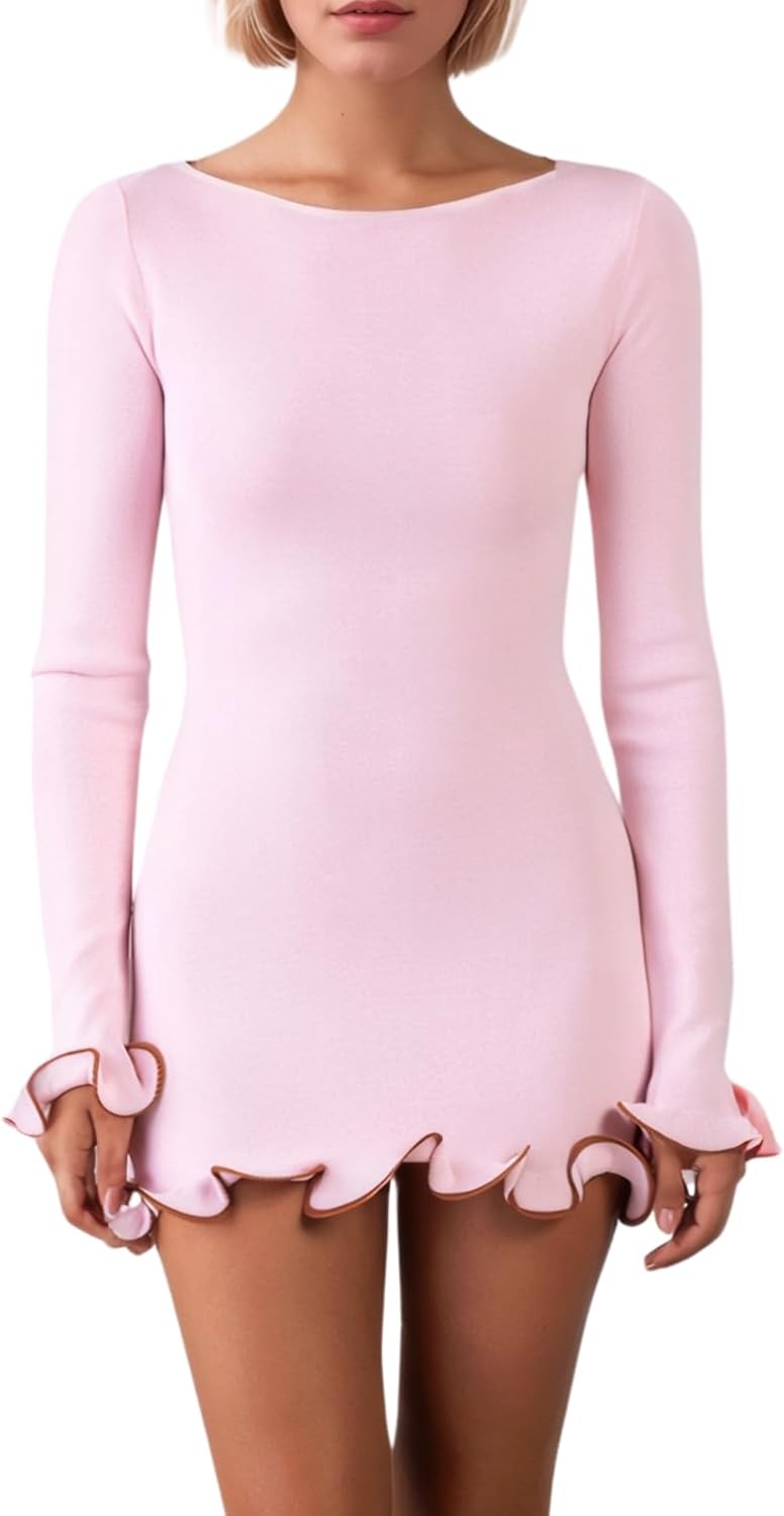 Elegant Ruffle Hem Knit Mini Dress for Women in Fall Style