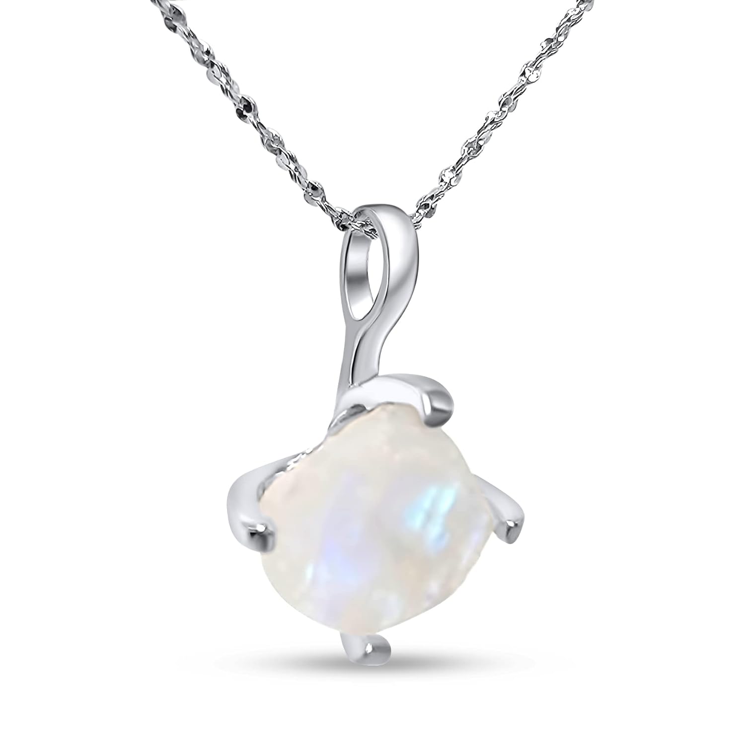 Natural Raw Moonstone Pendant Chain Necklace in White Gold