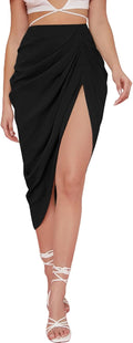 Women's Satin Split Thigh High Waist Midi Skirt - Ruched Bodycon