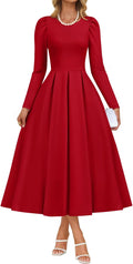 ZESICA Women's Long Sleeve Midi Dress - Elegant Crewneck A Line