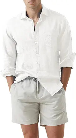 Stylish Men's Cotton Linen Button Down Long Sleeve Dress Shirt