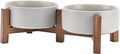 SPUNKYJUNKY Ceramic Dog Bowls Set with Acacia Wood Stand