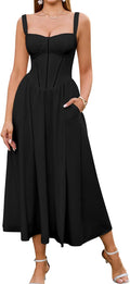 KUTUMAI Floral Corset Midi Dress - Flowy Slit Sundress with Pockets
