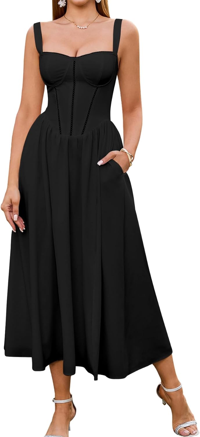 Floral Corset Midi Dress with Pockets for Summer Weddings