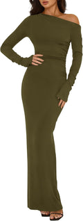 One Shoulder Long Sleeve Bodycon Maxi Dress - Ruched Night Out BTFBM
