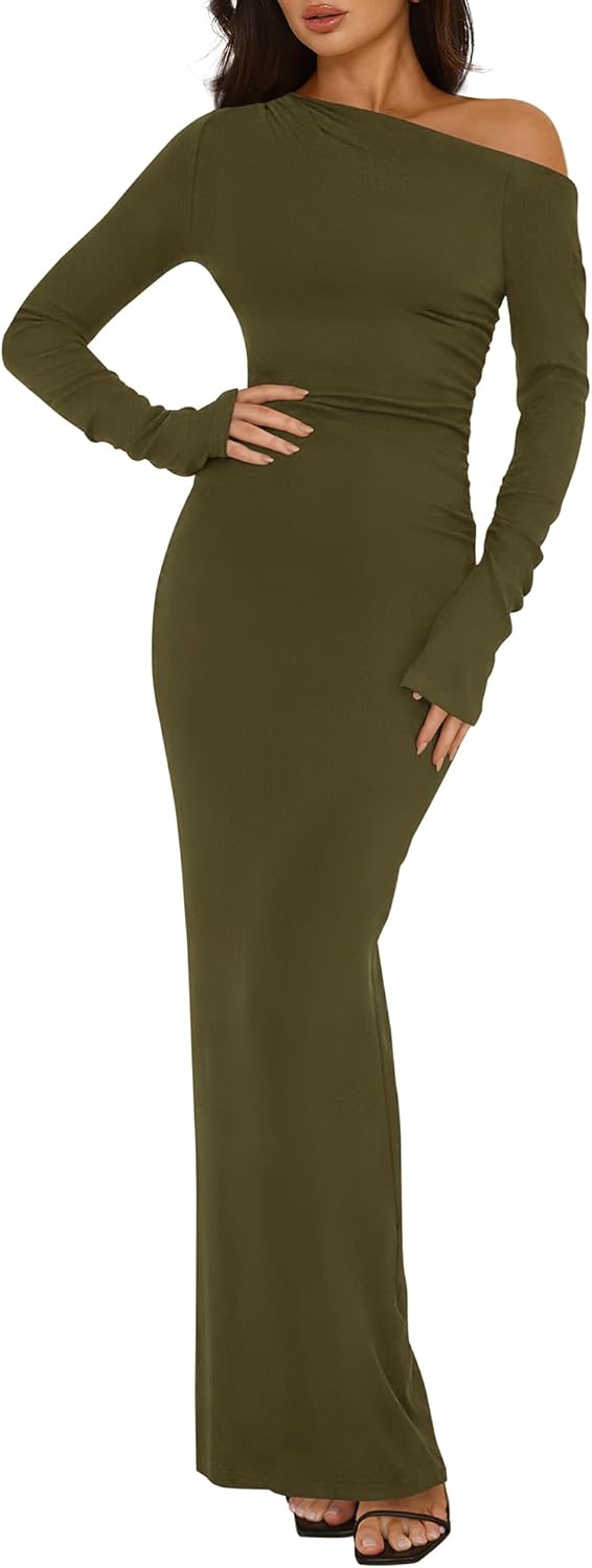 BTFBM One Shoulder Long Sleeve Dress for Women - Elegant Maxi