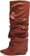 Slouched Ruched Fold Over Knee High Wedge Boots - Leg Lengthening