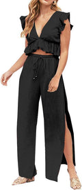 FANCYINN Womens 2 Pieces Deep V Crop Top and Wide Leg Pants Set Blend
