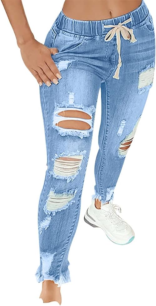 KUNMI Women High Waist Skinny Stretch Ripped Jeans for Comfort