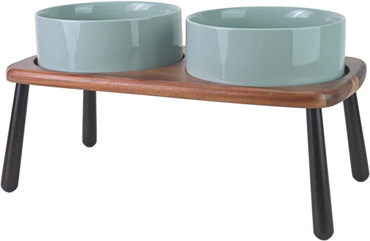 Elevated Dog Bowls Set with Acacia Bamboo Stand for Pets