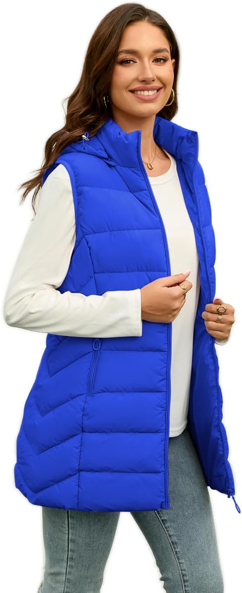 Long Puffer Vest for Women with Hood - Lightweight & Packable