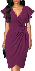 oten Womens Deep V Neck Ruffle Sleeve Sheath Dress (Style BQYJ)