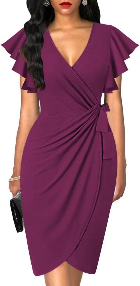 Womens Deep V Neck Ruffle Sleeve Sheath Casual Cocktail Dress