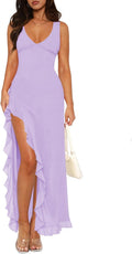 Women's Sexy V Neck Mesh Ruffle Hem High Slit Bodycon Maxi Dress
