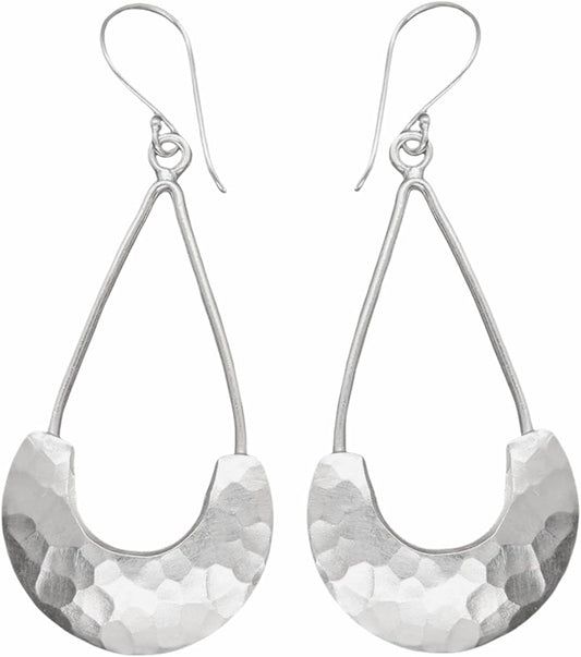Sterling Silver Long Hammered Crescent Boho Statement Earrings