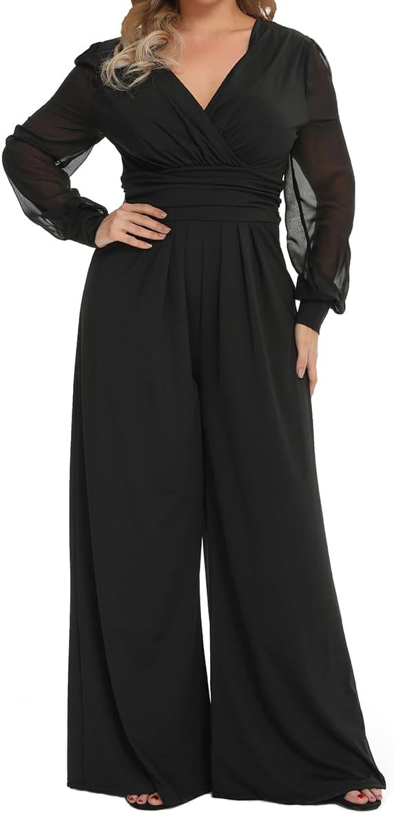 Plus Size Mesh Long Sleeve V Wrap Neck Jumpsuit for Chic Style