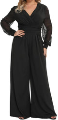 Plus Size Mesh Sleeve V Wrap Neck Wide Leg Jumpsuit - Night-Out Chic