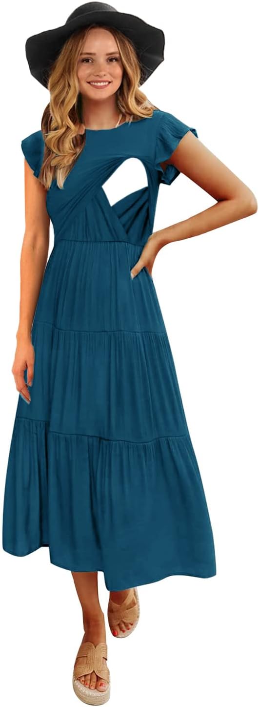 Womens Flutter Short Sleeve Smocked Tiered Nursing Dress Review
