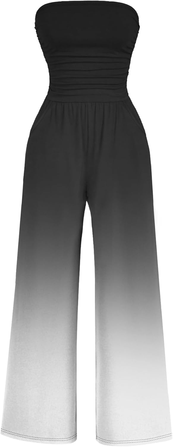 AUXDIO Women's Casual Summer Strapless Jumpsuit with Pockets