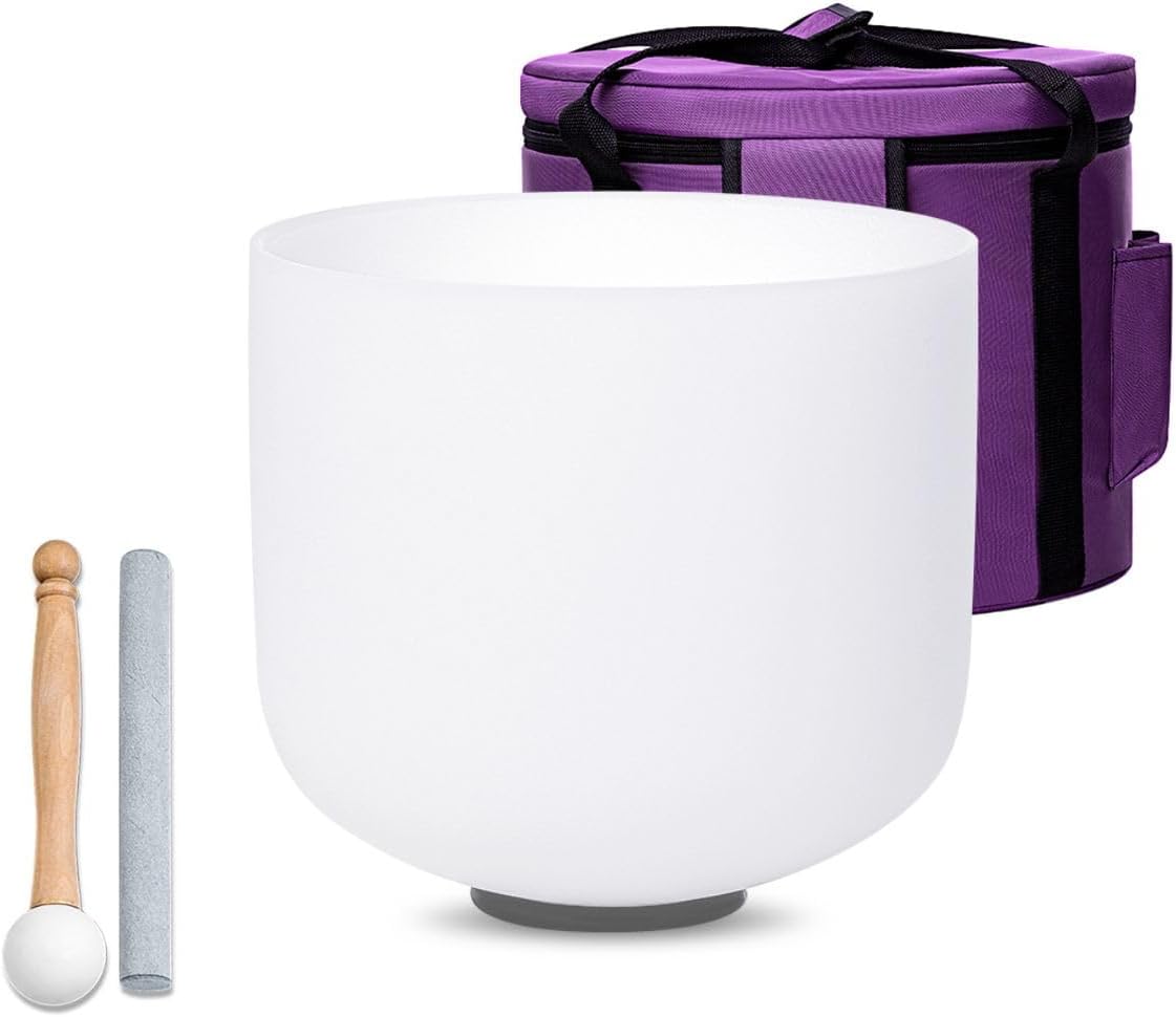 White 8 Inch A Note Third Eye Chakra Quartz Singing Bowl Set