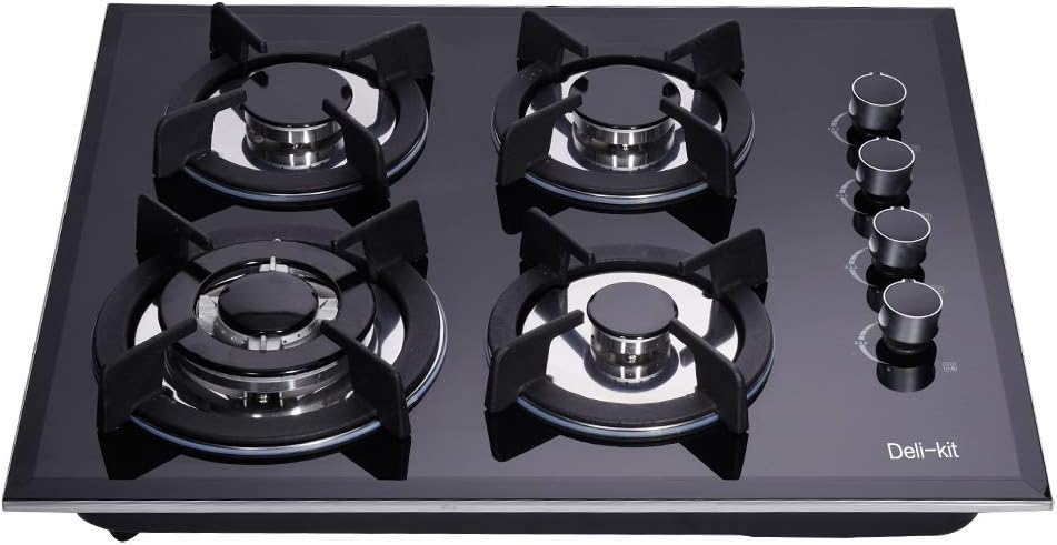 Deli-kit 24 inch Gas Cooktop with 4 Burners and Glass Surface