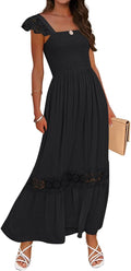 Women's Lace Strap Smocked High Waist Maxi Dress - Flowy Summer Staple