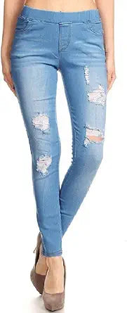 Women's Stretch Pull-On Skinny Ripped Distressed Jeans