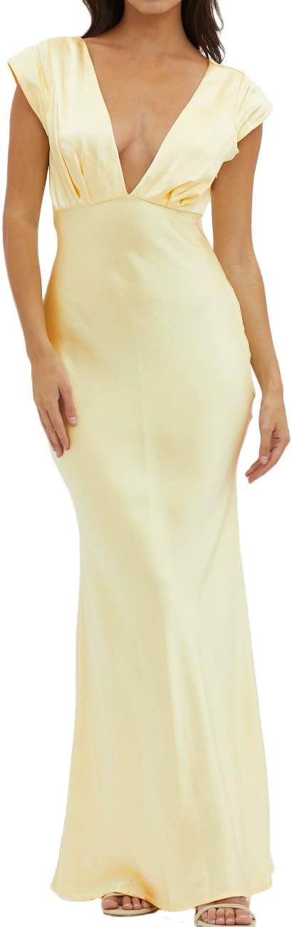 Halfisland Womens Summer Satin V Neck Cap Sleeve Maxi Dress
