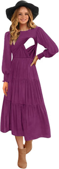 Womens Flutter Long Sleeve Smocked Tiered Nursing Dress - Cotton Blend