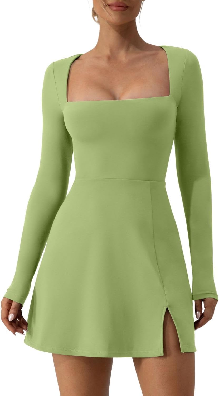 QINSEN Womens Square Neck Bodice Dress with Long Sleeves