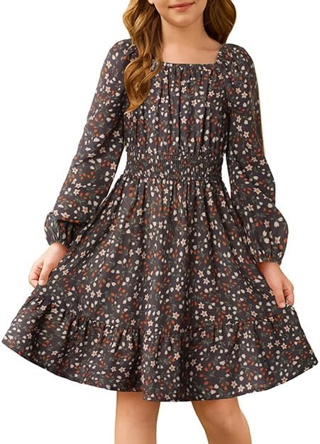 GRACE KARIN Girls Fall Dress Floral Long Sleeve Midi Style