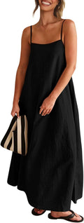 Women's Linen Maxi Sundress with Tie Back and Pockets - Flowy Summer