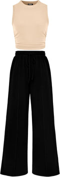 Women Summer 2 Piece Outfits Cropped Top & Wide Leg Pants - Travel