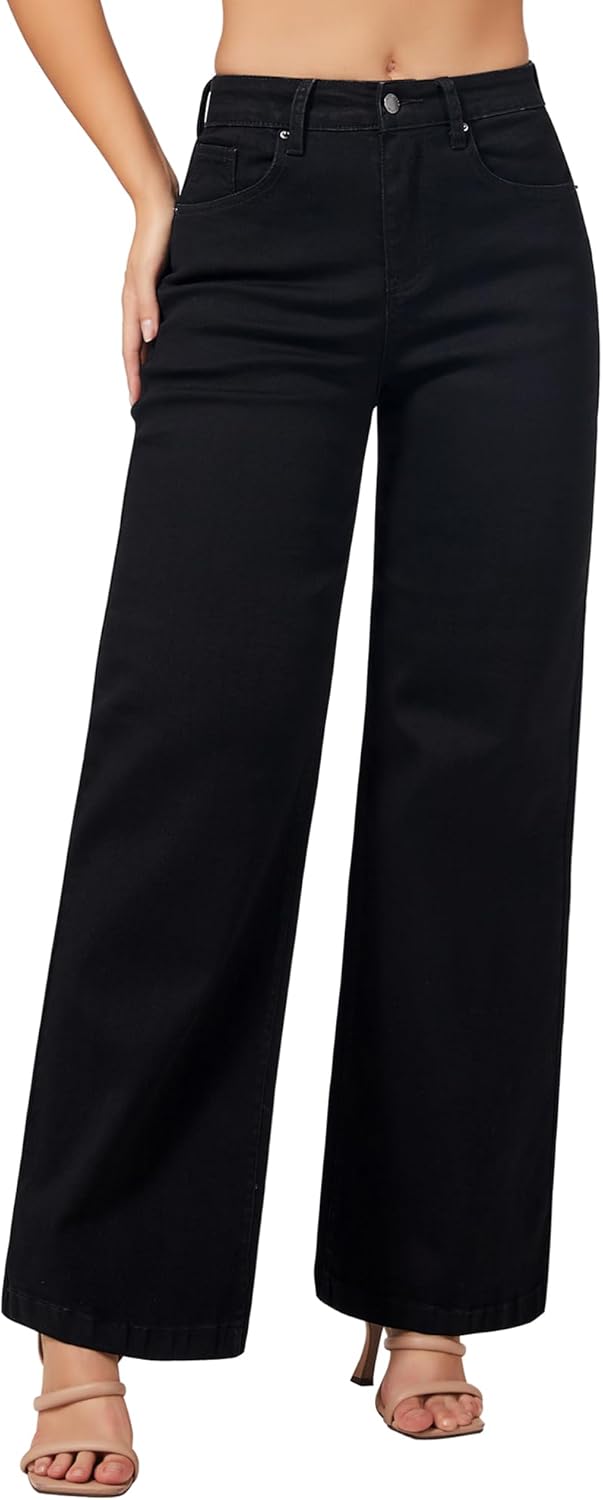 Roswear Women's Wide Leg Jeans High Waisted Stretchy Denim Pants