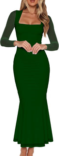 BORIFLORS Women's Ruched Bodycon Long Sleeve Maxi Dress - Mesh Square