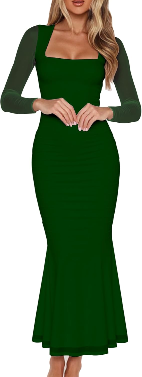 BORIFLORS Women's Ruched Bodycon Long Sleeve Maxi Dress Review