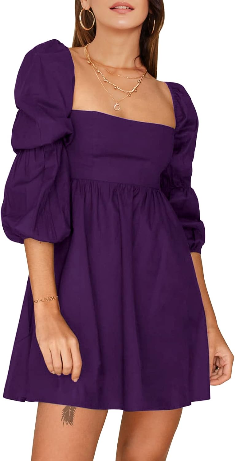 EXLURA Womens Square Neck Dress with Puff Sleeves for All Occasions