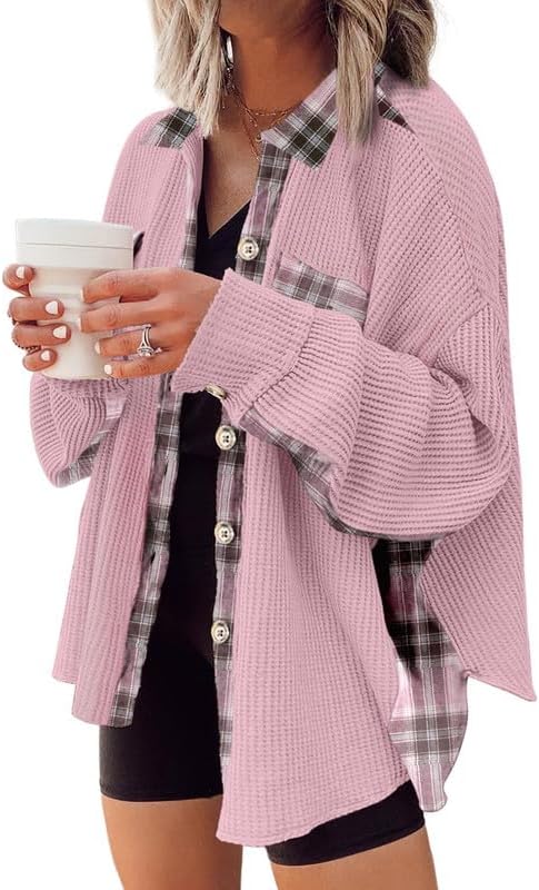 SHEWIN Womens Waffle Knit Plaid Shacket for Stylish Comfort
