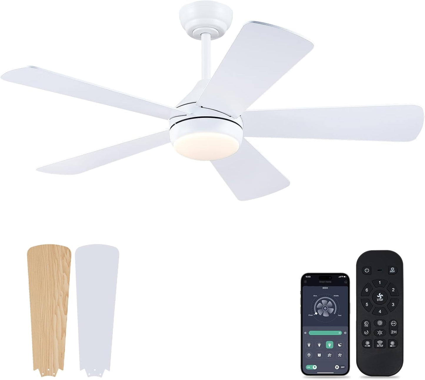 Asyko 46 Inch White Ceiling Fan with Lights and Remote Control