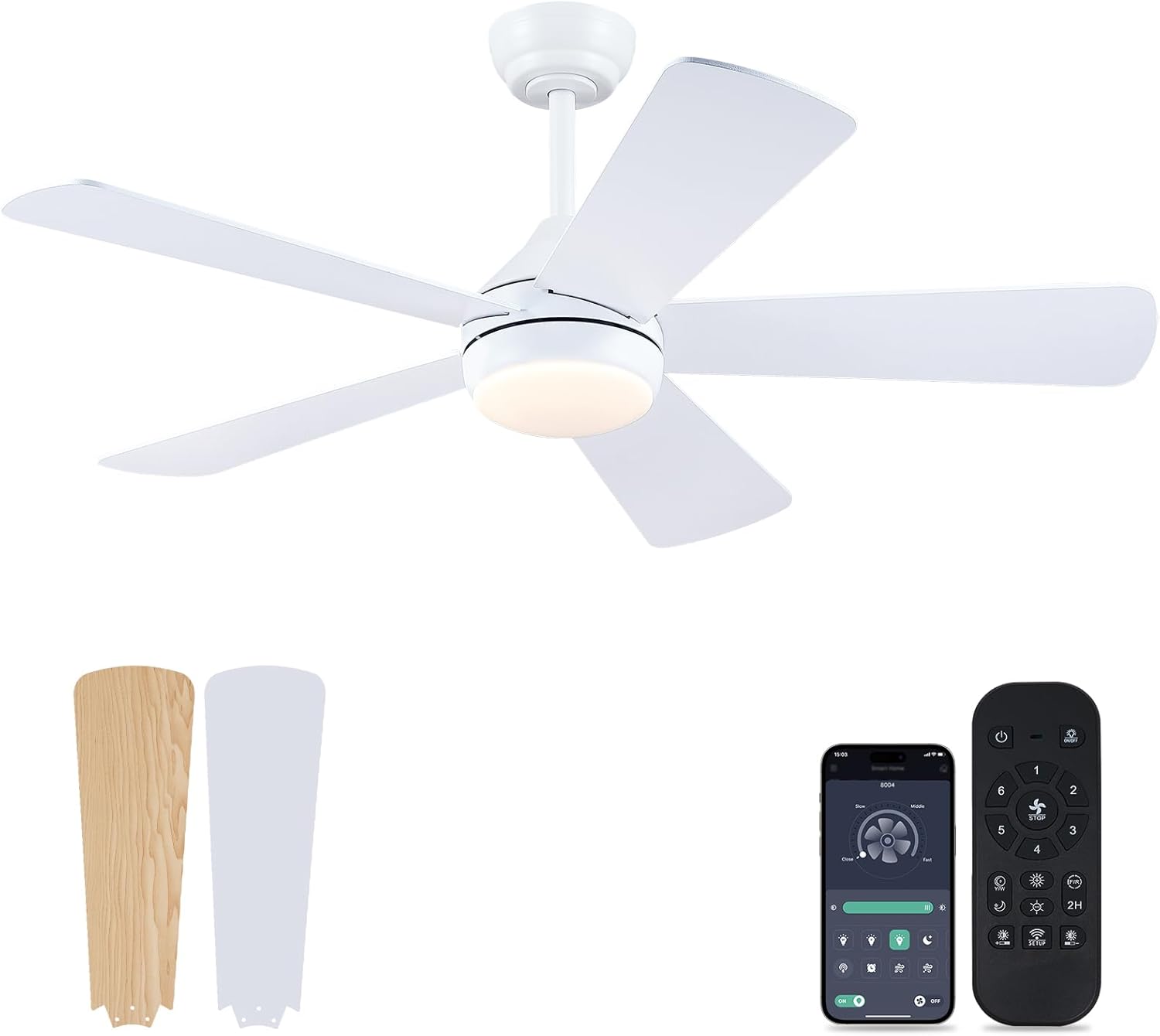 Asyko 46 Inch White Ceiling Fan with Lights and Remote Control