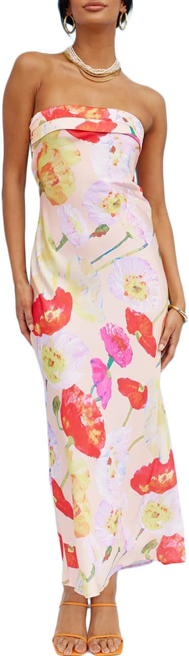 Realtix Satin Silk Backless Tube Tops Maxi Dress for Women