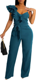 Womens Casual V-Neck Sleeveless Ruffle Backless Belted Jumpsuit soft
