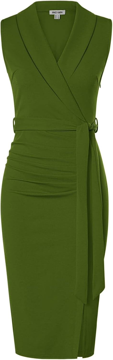 Stylish Women's Sleeveless Ruched Bodycon Midi Office Dress