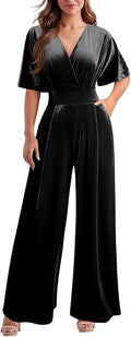 DAAWENXI Women's Casual Velvet V Neck Jumpsuit with Pockets
