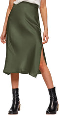 Womens Satin Silk High Waist Slit Midi Skirt - Sleek Everyday Staple