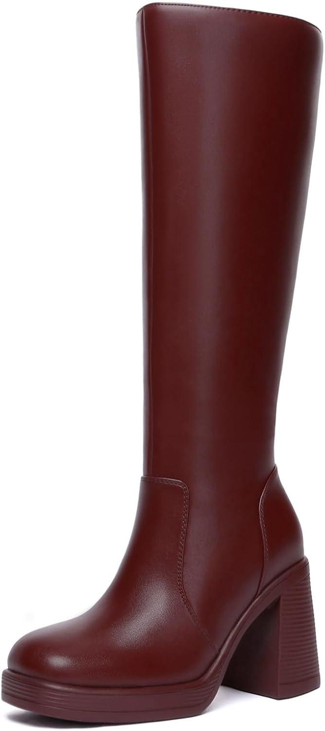 Athlefit Black Knee High Boots for Women with Chunky Heels
