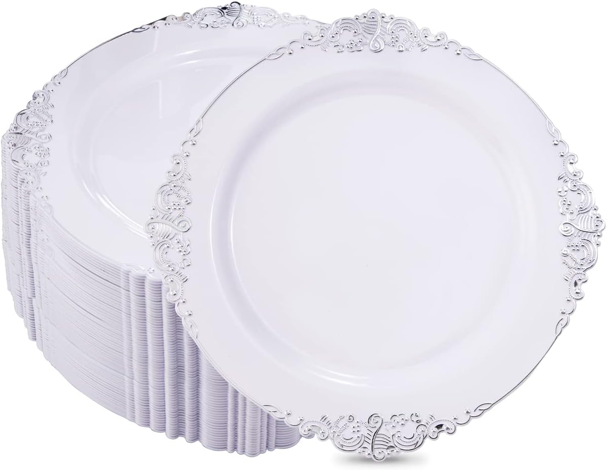 Hioasis 100pcs White Silver Plastic Plates for Elegant Dining