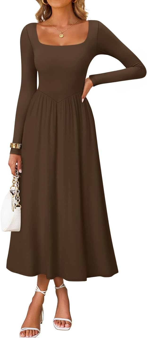 Elegant Classy Square Neck Long Sleeve Midi Dress for Women